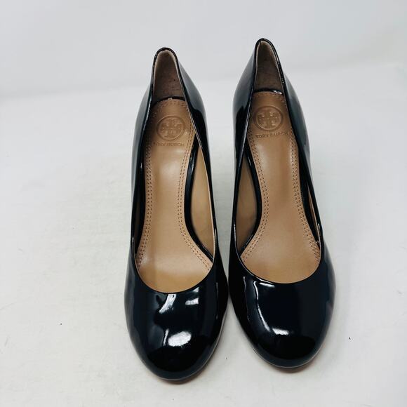 Tory Burch Black Patent Leather Wedge Heels Size 7 Logo Detail - Picture 4 of 14